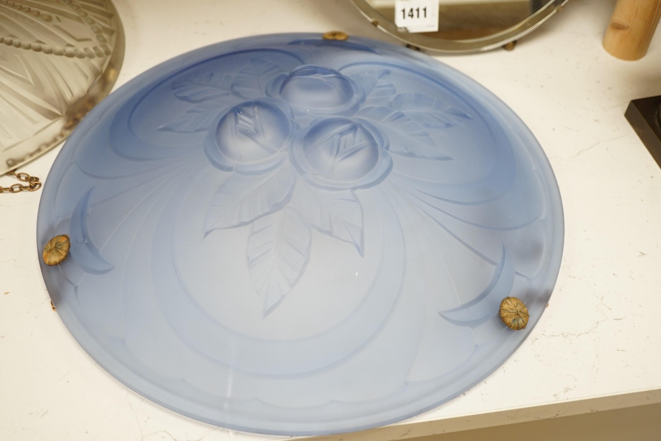 Two French pressed glass ceiling shades and a pair of barbola oval mirrors